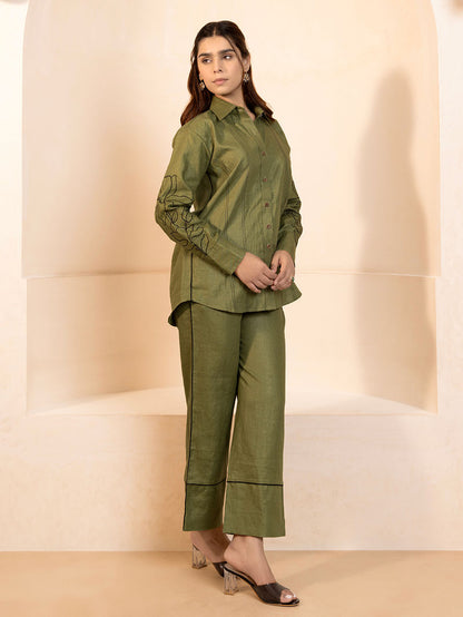 Olive Green Embroidered Hemp Co-ord Set- Set of 2