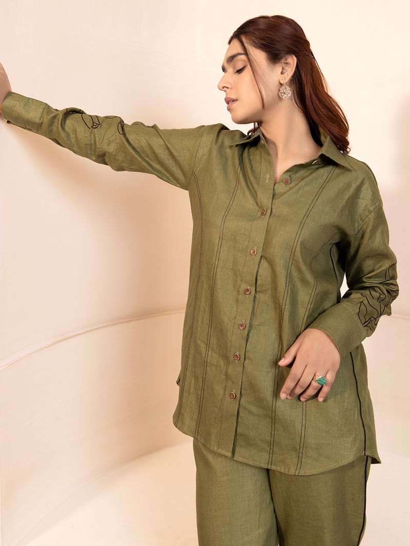 Olive Green Embroidered Hemp Co-ord Set- Set of 2