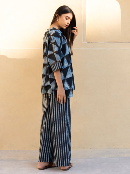 Indigo Ajrakh Hand Block Printed Cotton Co-ord Set - Set of 2