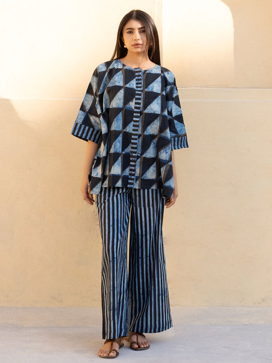 Indigo Ajrakh Hand Block Printed Cotton Co-ord Set - Set of 2