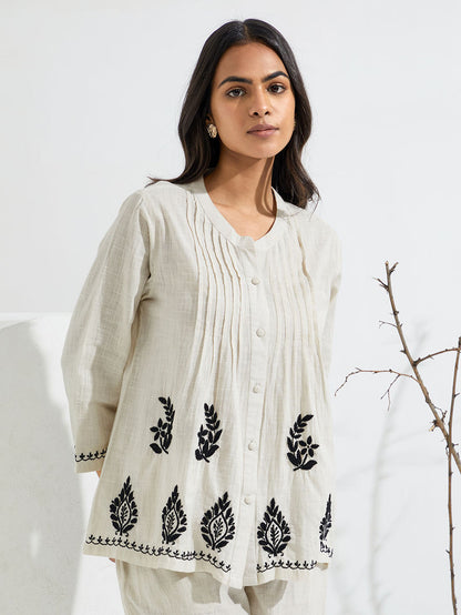 Ivory Chikankari Embroidered Cotton Slub Co-ord Set- Set of 2