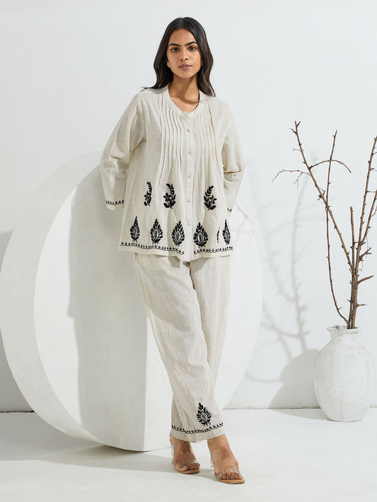 Ivory Chikankari Embroidered Cotton Slub Co-ord Set- Set of 2
