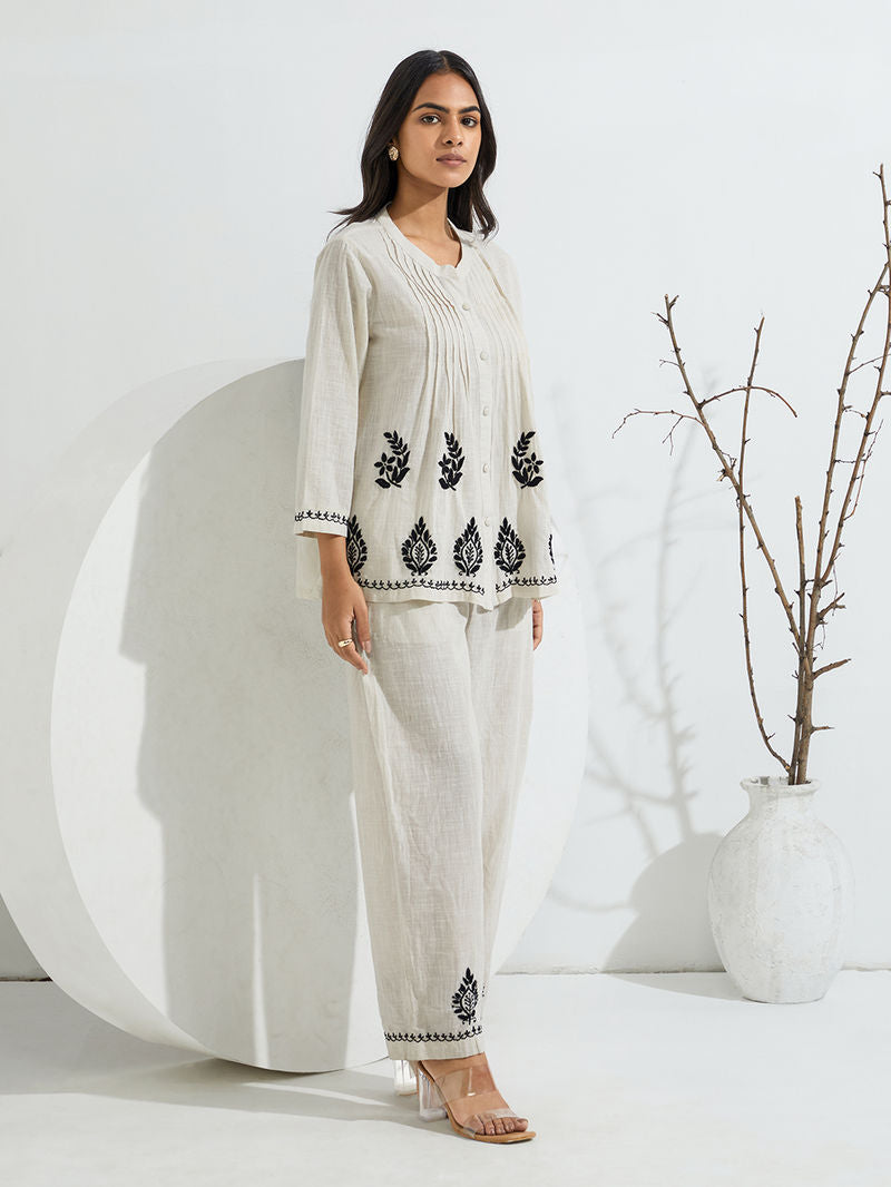 Ivory Chikankari Embroidered Cotton Slub Co-ord Set- Set of 2
