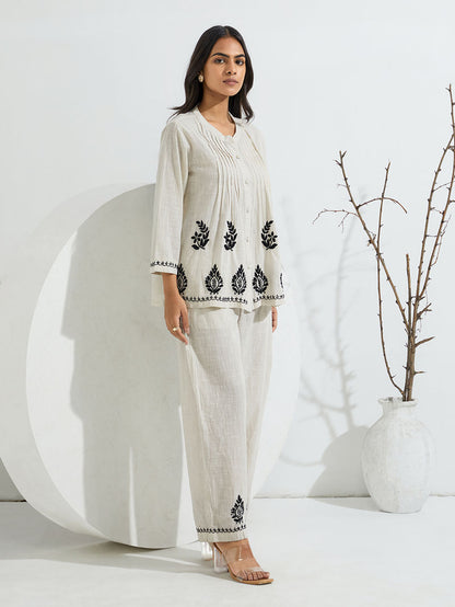 Ivory Chikankari Embroidered Cotton Slub Co-ord Set- Set of 2