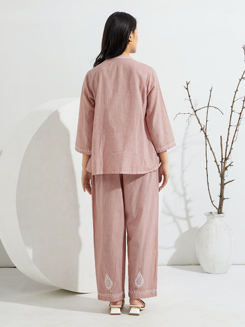 Old Rose Chikankari Embroidered Cotton Slub Co-ord Set- Set of 2