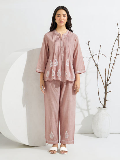 Old Rose Chikankari Embroidered Cotton Slub Co-ord Set- Set of 2