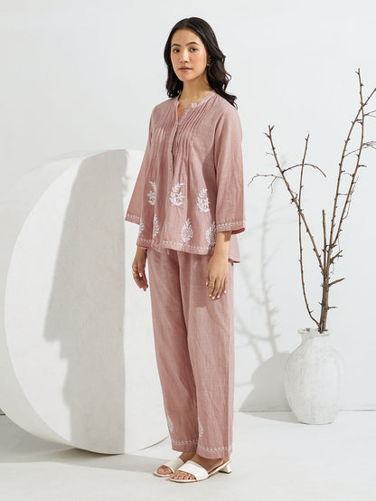 Old Rose Chikankari Embroidered Cotton Slub Co-ord Set- Set of 2