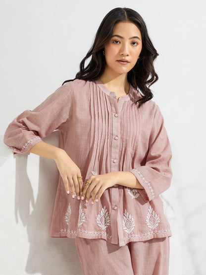 Old Rose Chikankari Embroidered Cotton Slub Co-ord Set- Set of 2