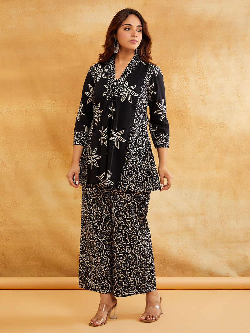 Black Hand Block Printed Cotton Kurta with Palazzo - Set of 2