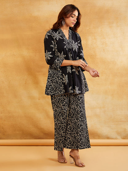 Black Hand Block Printed Cotton Kurta with Palazzo - Set of 2