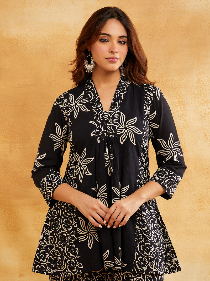 Black Hand Block Printed Cotton Kurta with Palazzo - Set of 2