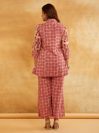 Pink Hand Block Printed Cotton Kurta with Palazzo - Set of 2