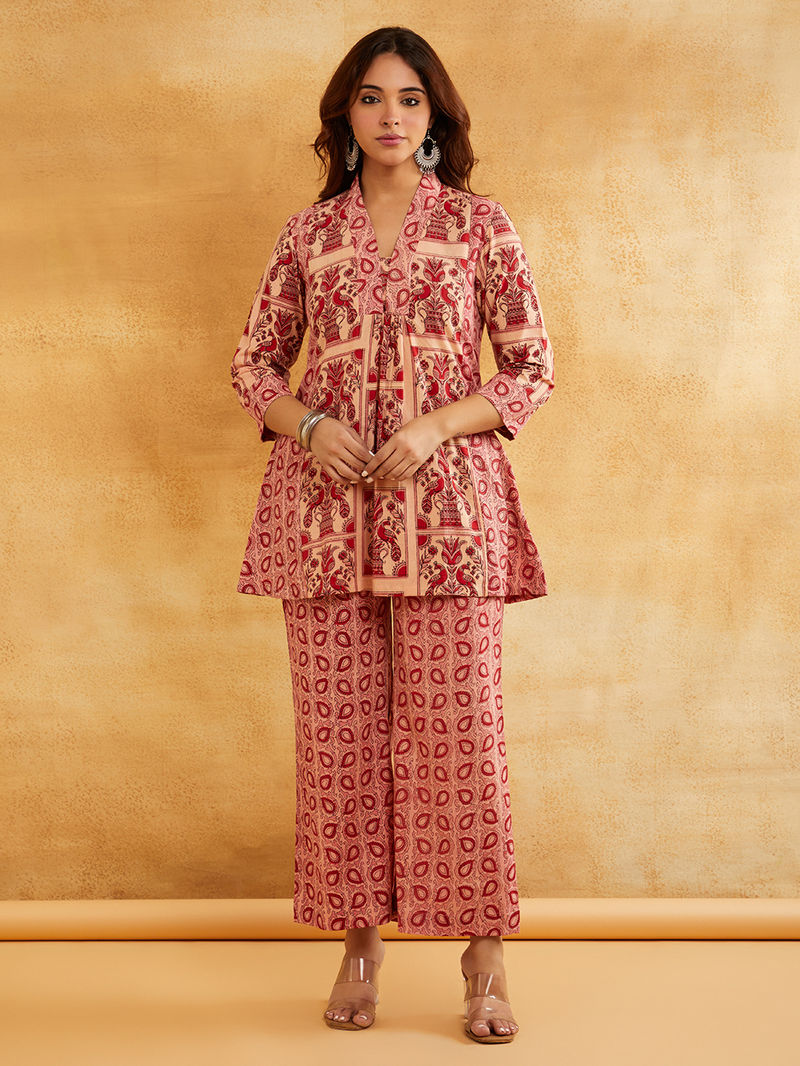 Pink Hand Block Printed Cotton Kurta with Palazzo - Set of 2