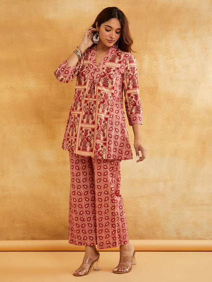 Pink Hand Block Printed Cotton Kurta with Palazzo - Set of 2