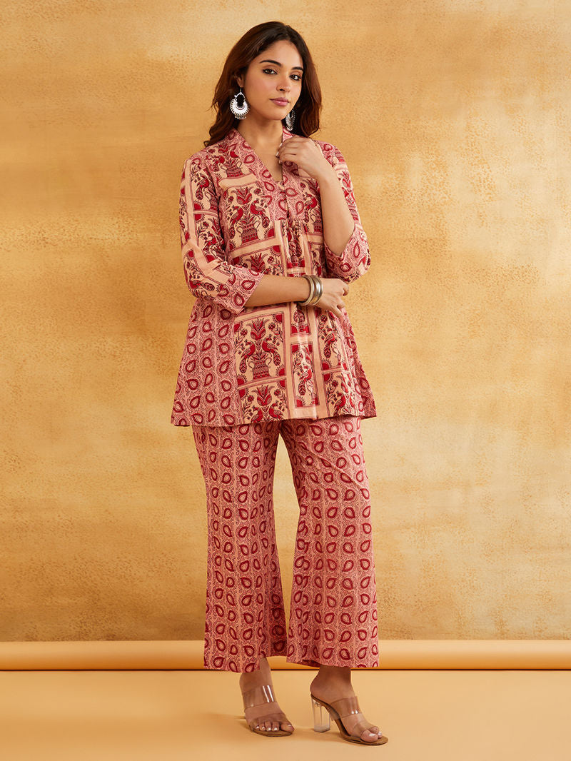 Pink Hand Block Printed Cotton Kurta with Palazzo - Set of 2
