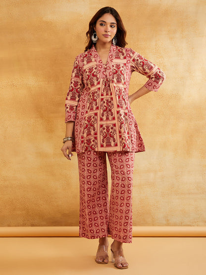 Pink Hand Block Printed Cotton Kurta with Palazzo - Set of 2