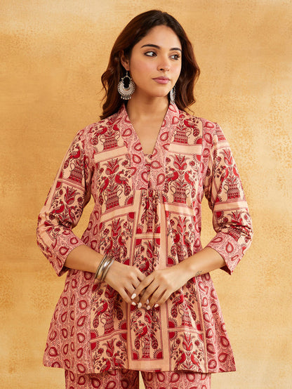 Pink Hand Block Printed Cotton Kurta with Palazzo - Set of 2