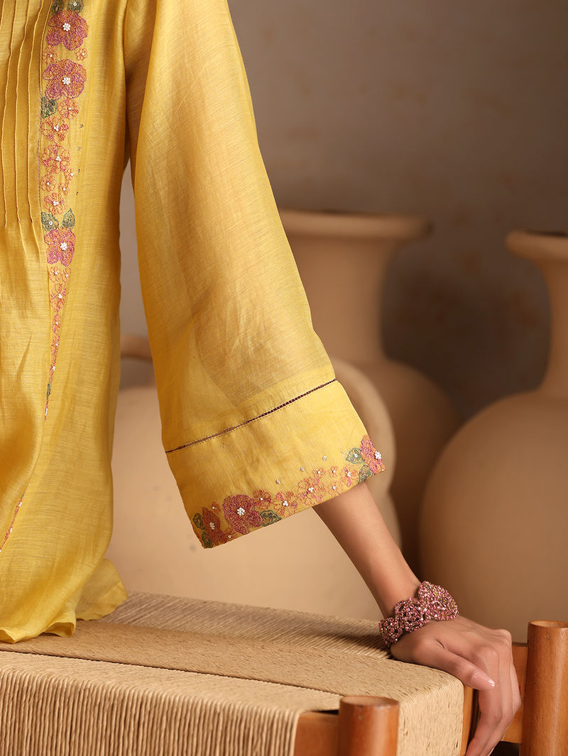 Yellow Embroidered Chanderi Mul Co-ord Set- Set of 2