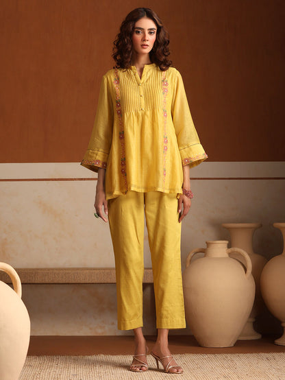 Yellow Embroidered Chanderi Mul Co-ord Set- Set of 2