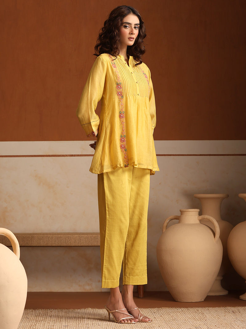 Yellow Embroidered Chanderi Mul Co-ord Set- Set of 2