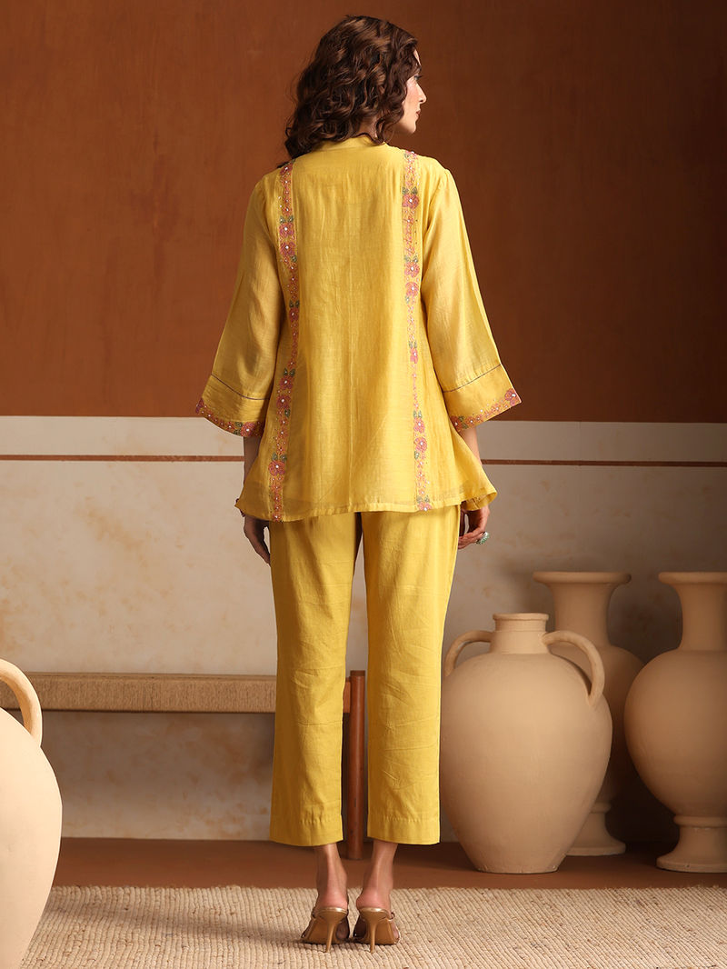 Yellow Embroidered Chanderi Mul Co-ord Set- Set of 2