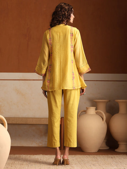 Yellow Embroidered Chanderi Mul Co-ord Set- Set of 2