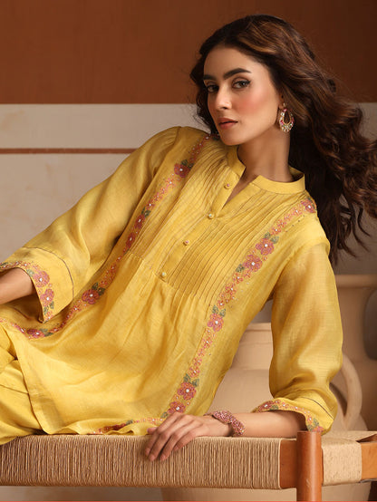 Yellow Embroidered Chanderi Mul Co-ord Set- Set of 2