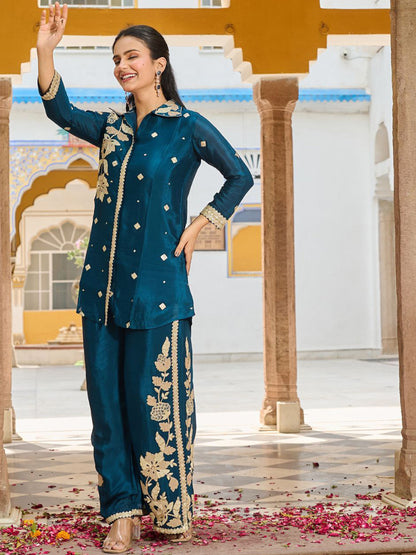 Embroidered Shirt Collar Neck Tunic With Palazzo Co-Ords
