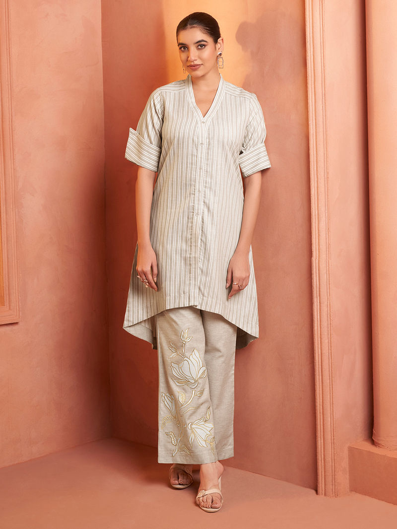 Beige Striped Cotton Tunic with Pants - Set of 2