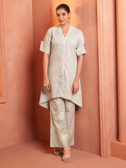 Beige Striped Cotton Tunic with Pants - Set of 2