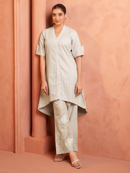 Beige Striped Cotton Tunic with Pants - Set of 2