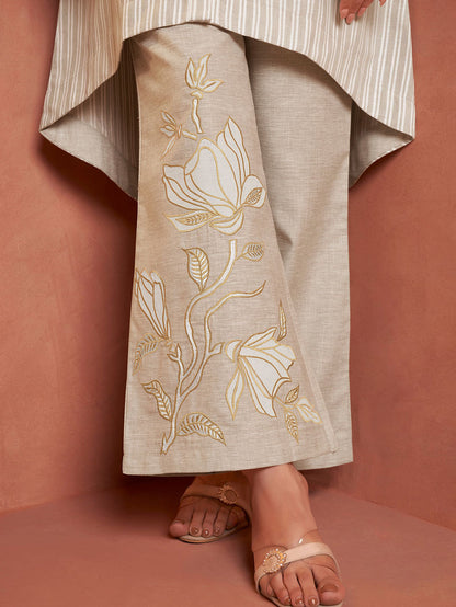 Beige Striped Cotton Tunic with Pants - Set of 2