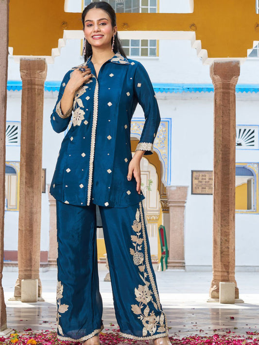 Embroidered Shirt Collar Neck Tunic With Palazzo Co-Ords