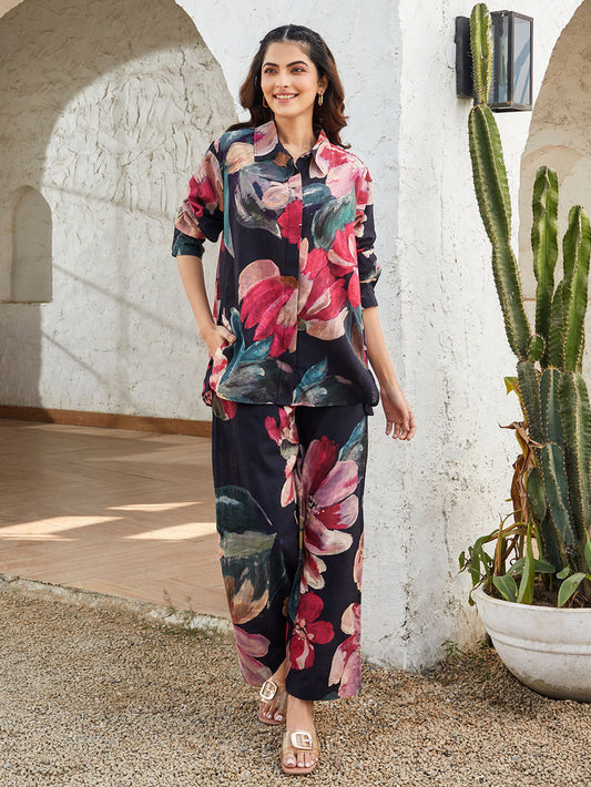 Black Printed Cotton Slub Co-ord Set- Set of 2