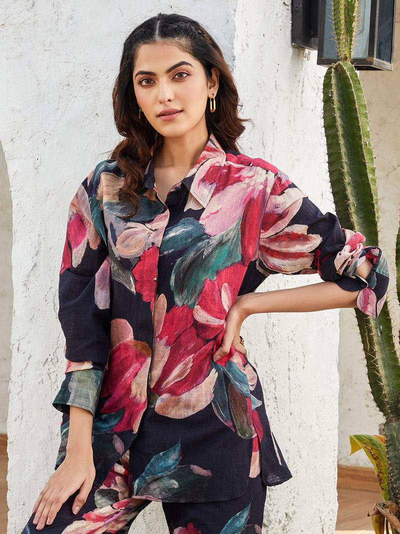 Black Printed Cotton Slub Co-ord Set- Set of 2