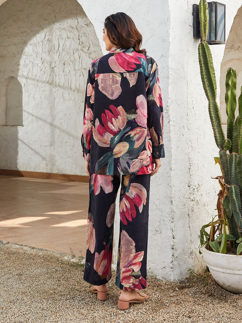 Black Printed Cotton Slub Co-ord Set- Set of 2