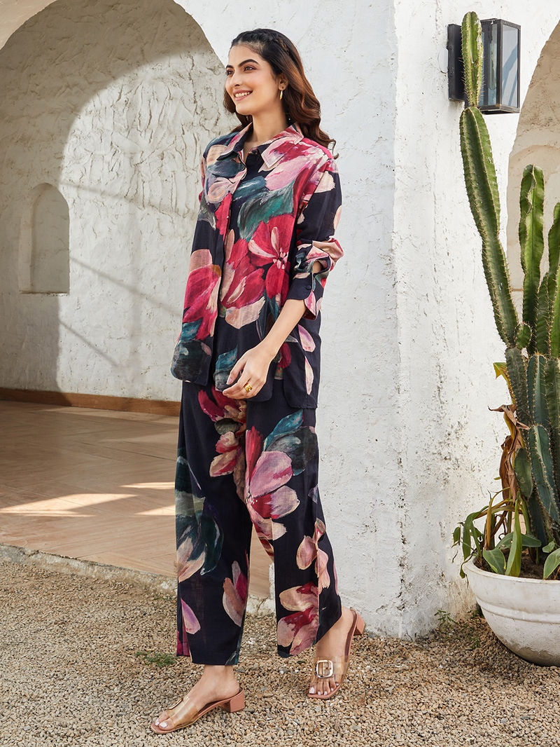 Black Printed Cotton Slub Co-ord Set- Set of 2