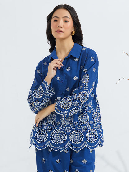 Blue Schiffli Embroidered Poplin Co-ord Set- Set of 2