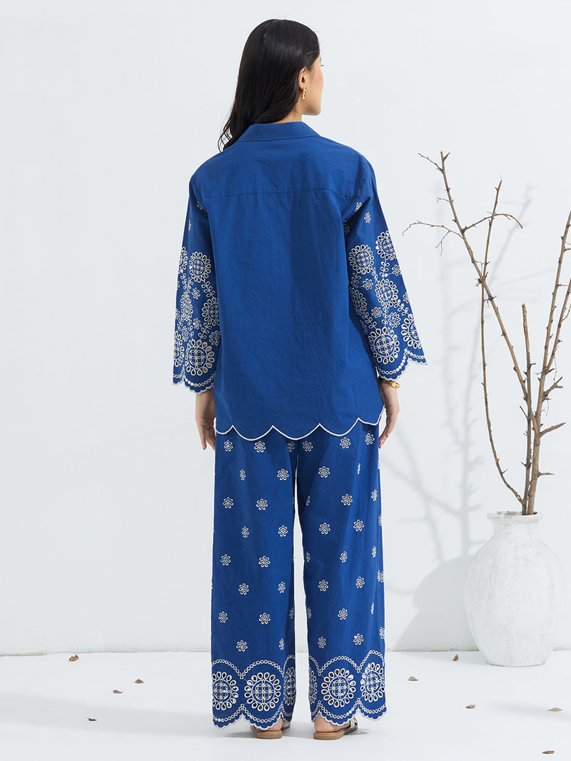 Blue Schiffli Embroidered Poplin Co-ord Set- Set of 2