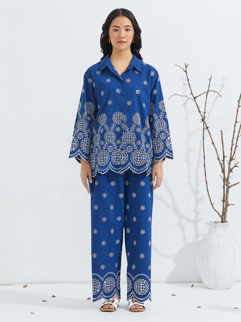 Blue Schiffli Embroidered Poplin Co-ord Set- Set of 2