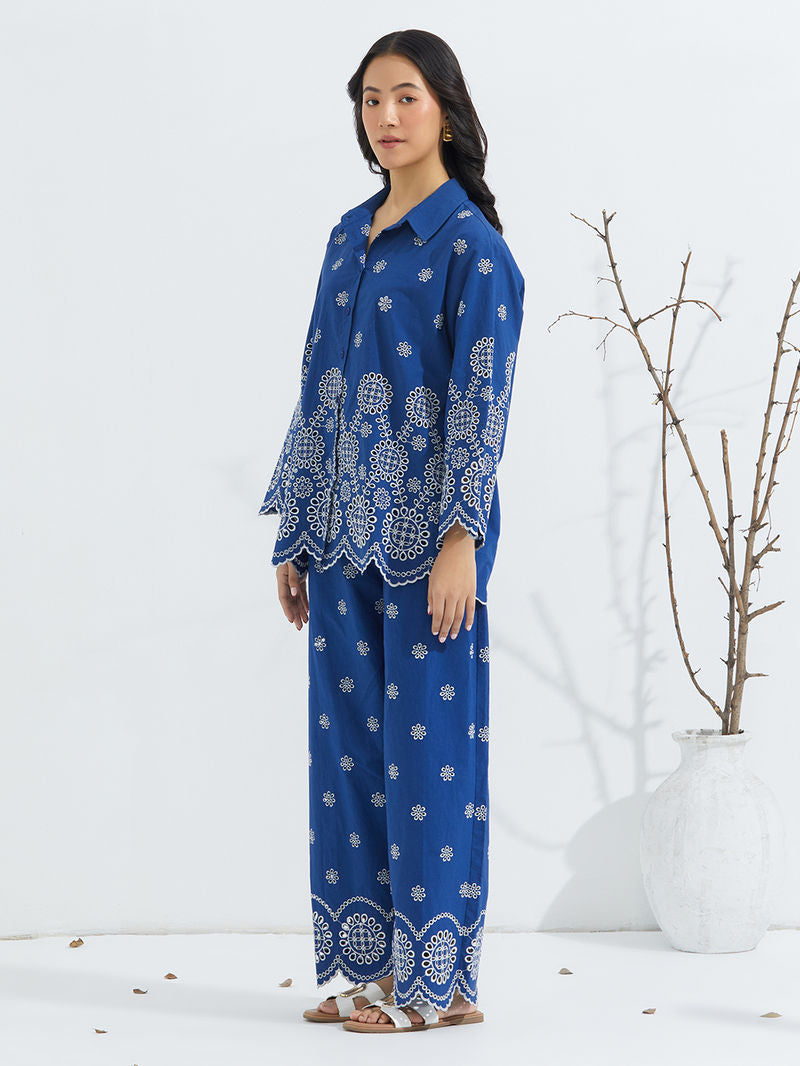 Blue Schiffli Embroidered Poplin Co-ord Set- Set of 2
