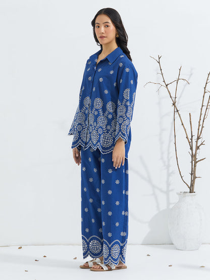 Blue Schiffli Embroidered Poplin Co-ord Set- Set of 2
