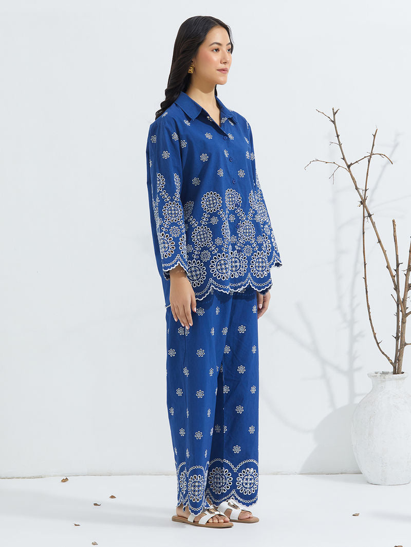 Blue Schiffli Embroidered Poplin Co-ord Set- Set of 2