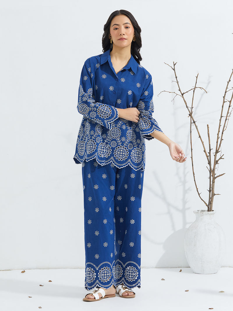 Blue Schiffli Embroidered Poplin Co-ord Set- Set of 2