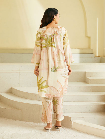 Powder Pink Printed Cotton Silk Kurta with Pants - Set of 2