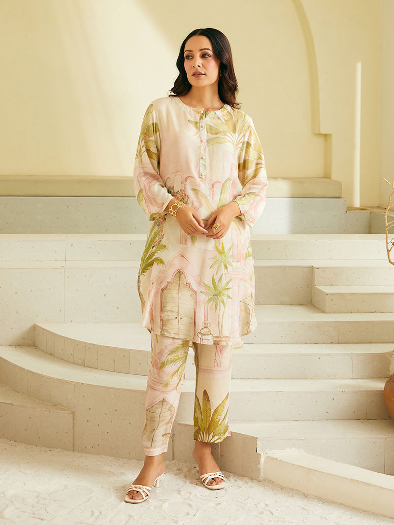 Powder Pink Printed Cotton Silk Kurta with Pants - Set of 2