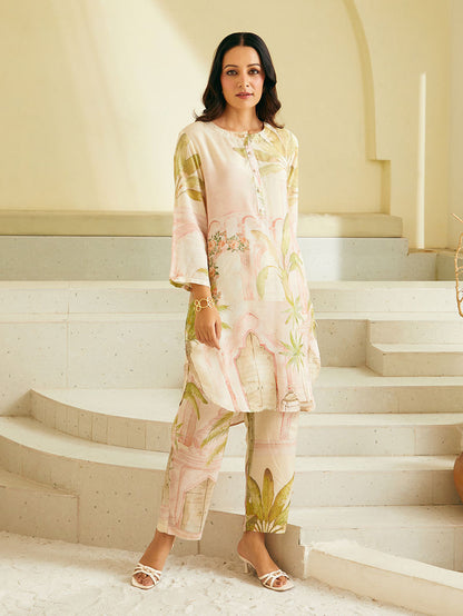 Powder Pink Printed Cotton Silk Kurta with Pants - Set of 2