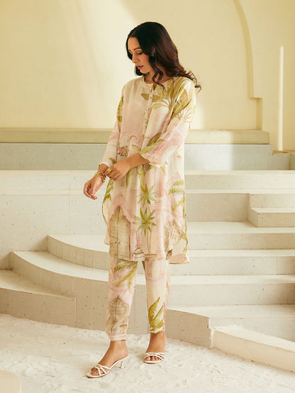 Powder Pink Printed Cotton Silk Kurta with Pants - Set of 2