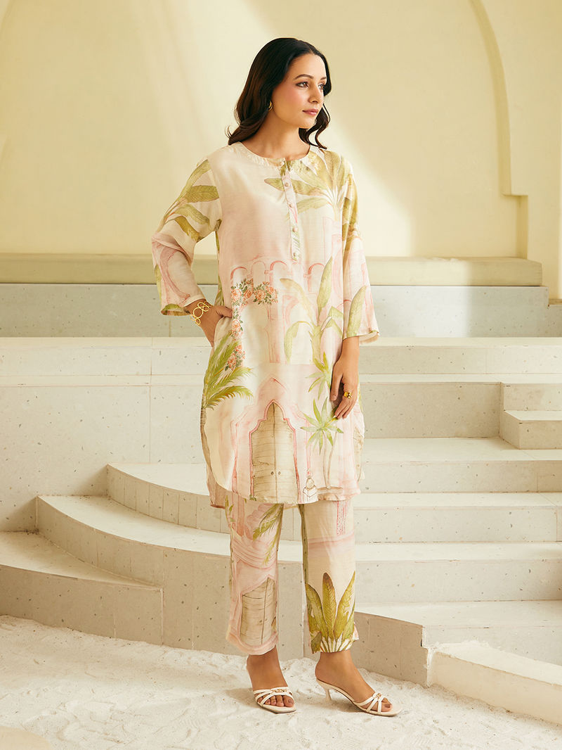 Powder Pink Printed Cotton Silk Kurta with Pants - Set of 2