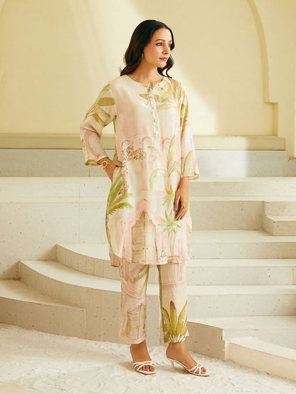 Powder Pink Printed Cotton Silk Kurta with Pants - Set of 2